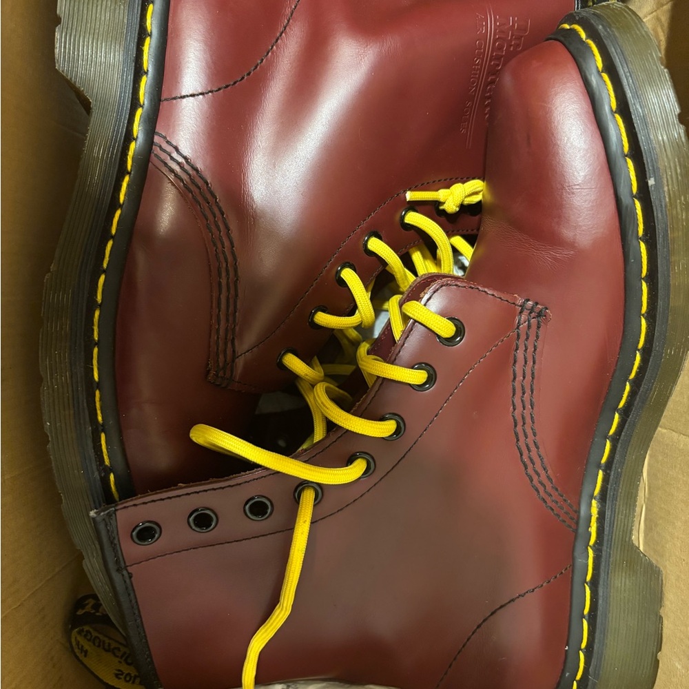 Dr. Martens Cherry Red Boots with Yellow Laces